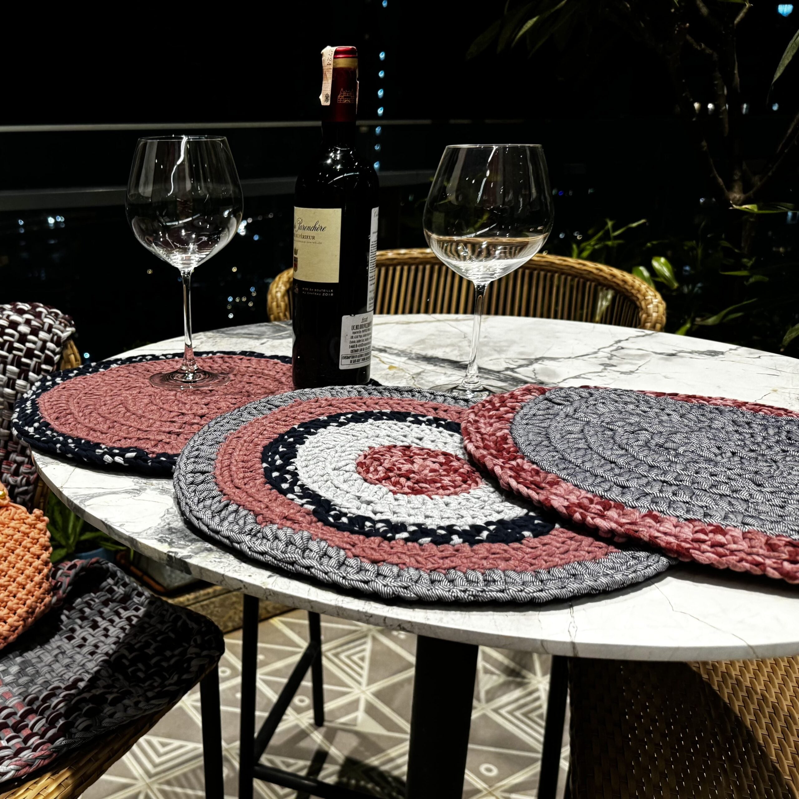 Image of Set of 6 Round Crochet Placemats / Dining Mats Old rose, Grey, Burgundy, Silver grey, Navy