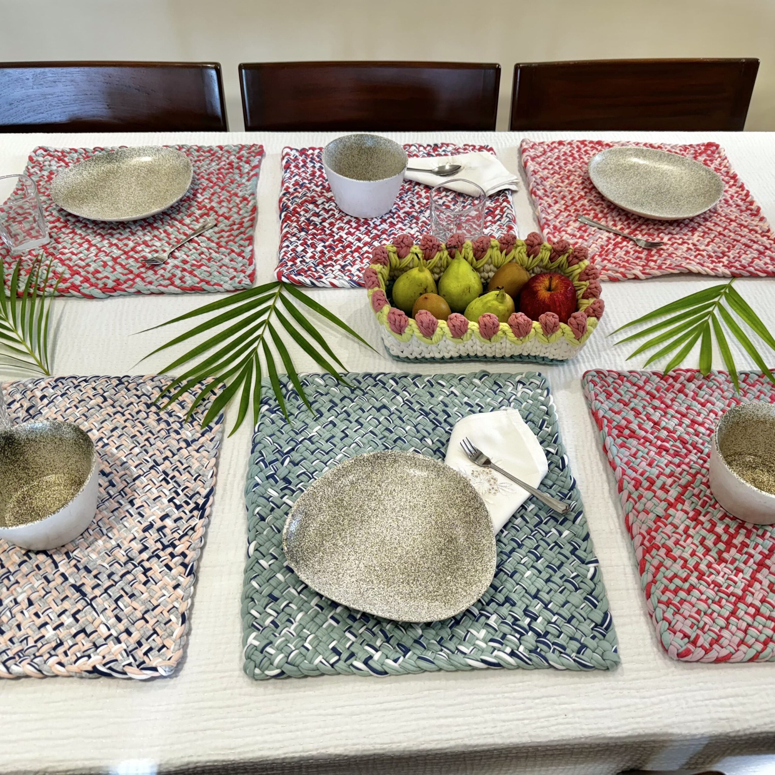 Image of Set of 6 Hand-Woven Square Placemats / Dining Mats Coral, Sage, Blue, Powder pink, White