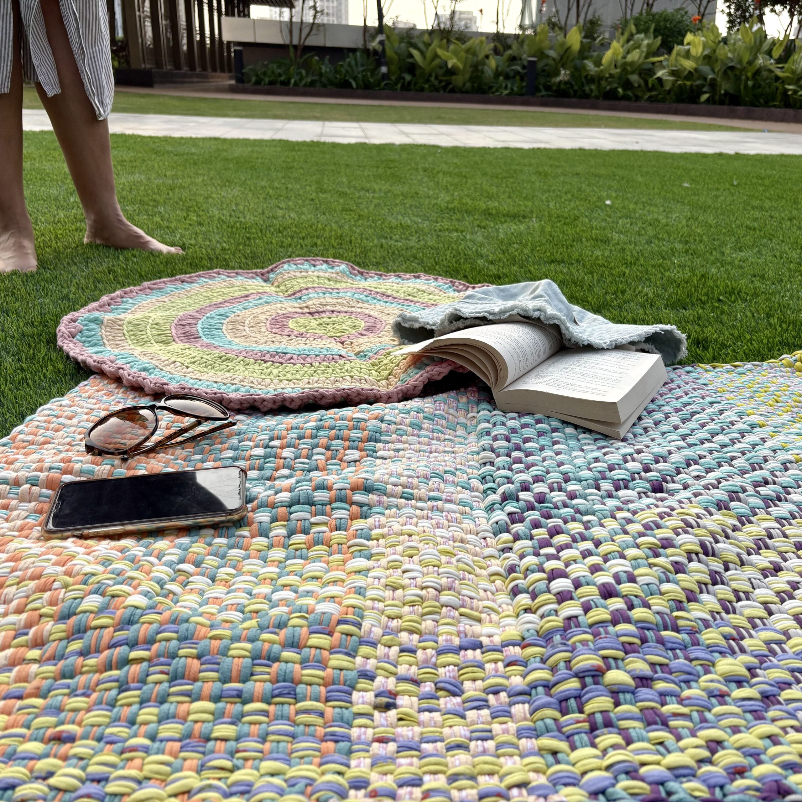 Image of Braided Edged Floor Rug / Throw | Green, Sea Green, Purple, Peach, Off White