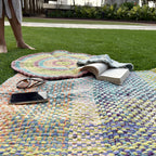 Braided Edged Floor Rug / Throw | Green, Sea Green, Purple, Peach, Off White