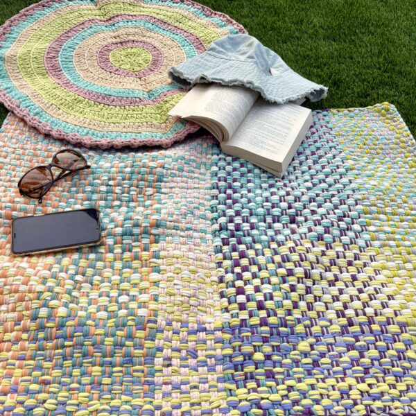 Image of Braided Edged Floor Rug / Throw | Green, Sea Green, Purple, Peach, Off White