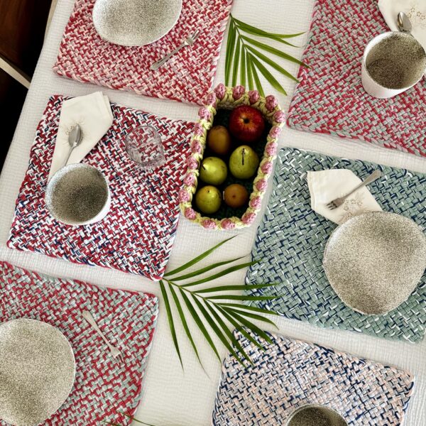 Image of Set of 6 Hand-Woven Square Placemats / Dining Mats Coral, Sage, Blue, Powder pink, White