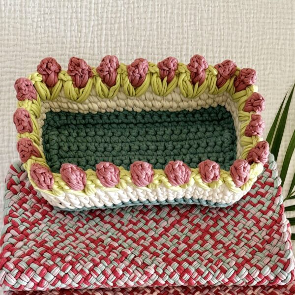 Image of Rectangular Flower Basket | Off White, Rose Pink, Green