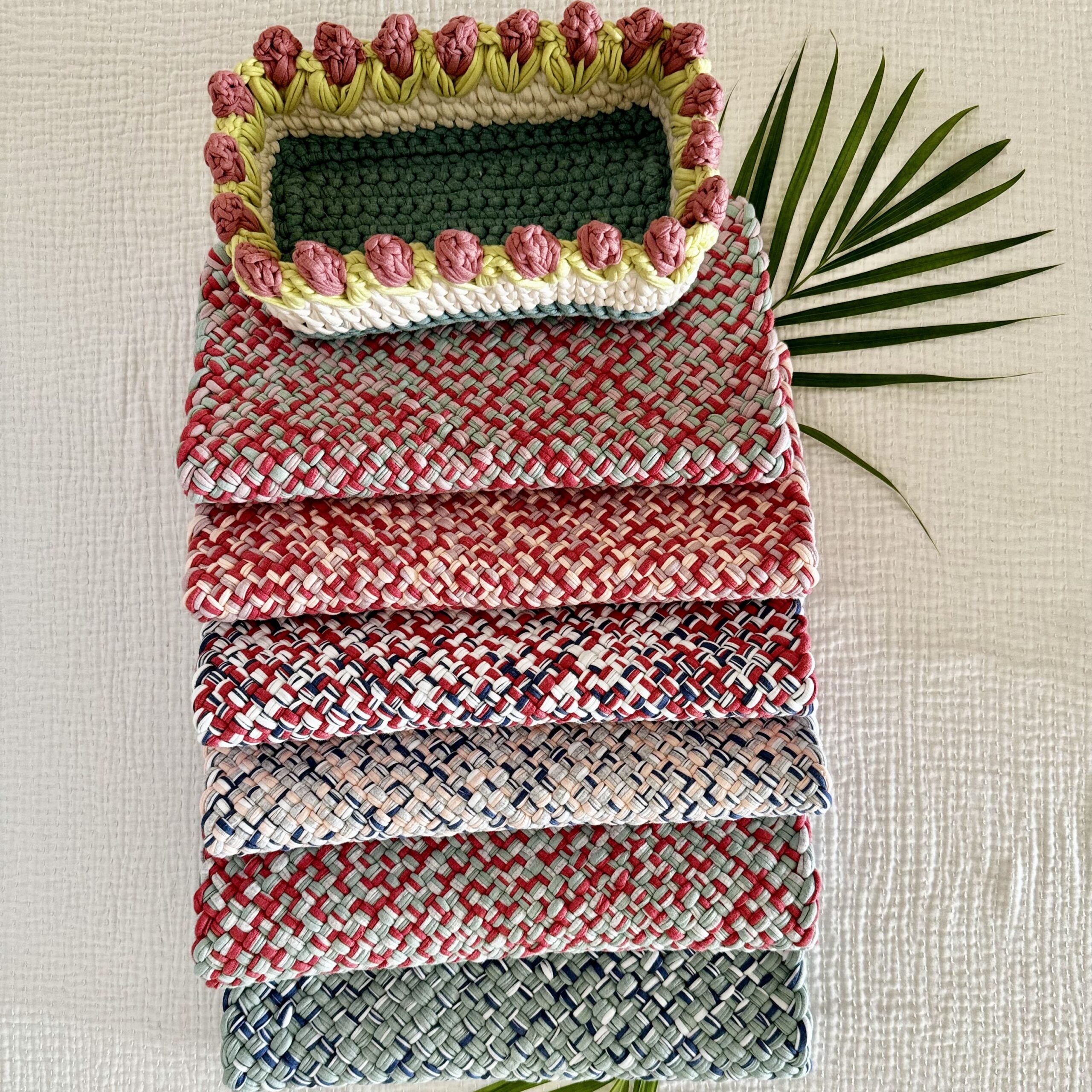 Image of Set of 6 Hand-Woven Square Placemats / Dining Mats Coral, Sage, Blue, Powder pink, White