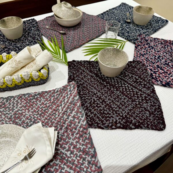 Image of Set of 6 Hand-Woven Square Placemats / Dining Mats Old rose, Grey, Burgundy, Silver grey, Navy