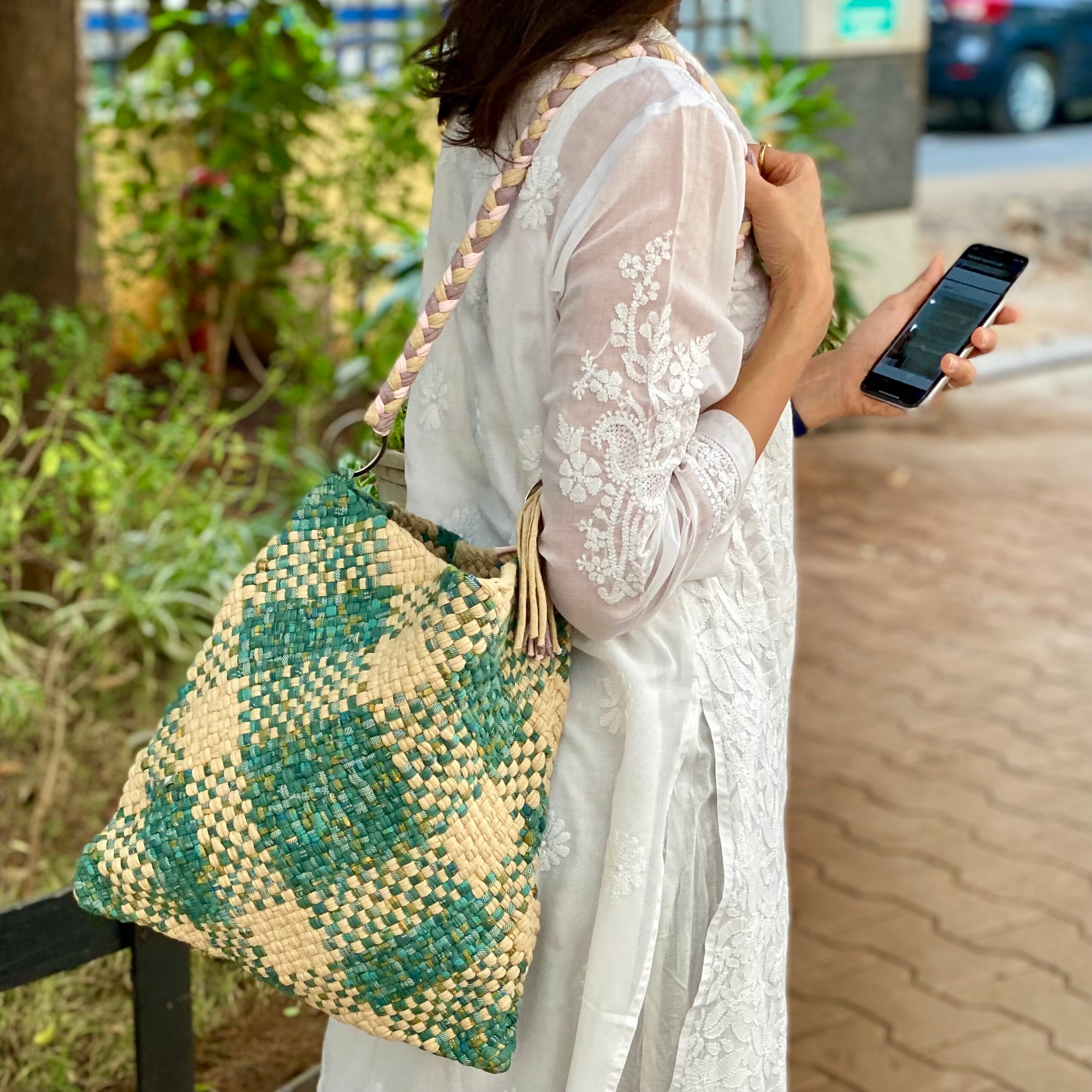 Image of Shoulder Tote Bags Green Beige Color Premium Collection Shoulder carry