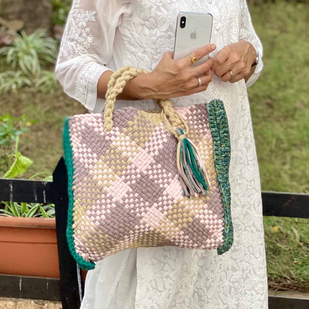 Image of Hand Tote / Tiffin Bags Green Light Pink Beige Color | Hand carry