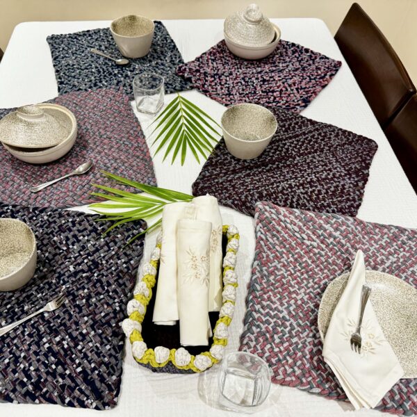 Image of Set of 6 Hand-Woven Square Placemats / Dining Mats Old rose, Grey, Burgundy, Silver grey, Navy