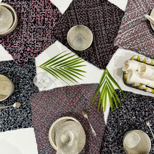 Image of Set of 6 Hand-Woven Square Placemats / Dining Mats Old rose, Grey, Burgundy, Silver grey, Navy