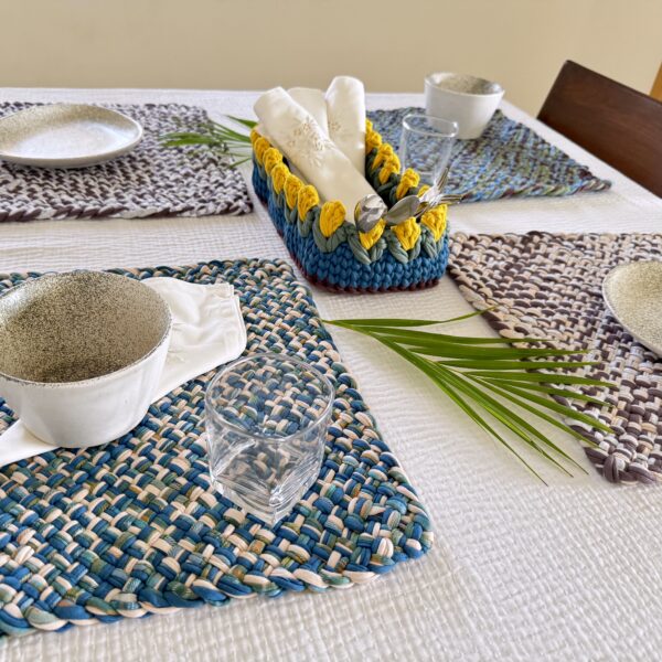 Image of Set of 4 Hand-Woven Square Placemats / Dining Mats Aubergine, Blue, Moss green, Grey, Lemon, Light purple