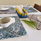 Set of 4 Hand-Woven Square Placemats / Dining Mats Aubergine, Blue, Moss green, Grey, Lemon, Light purple