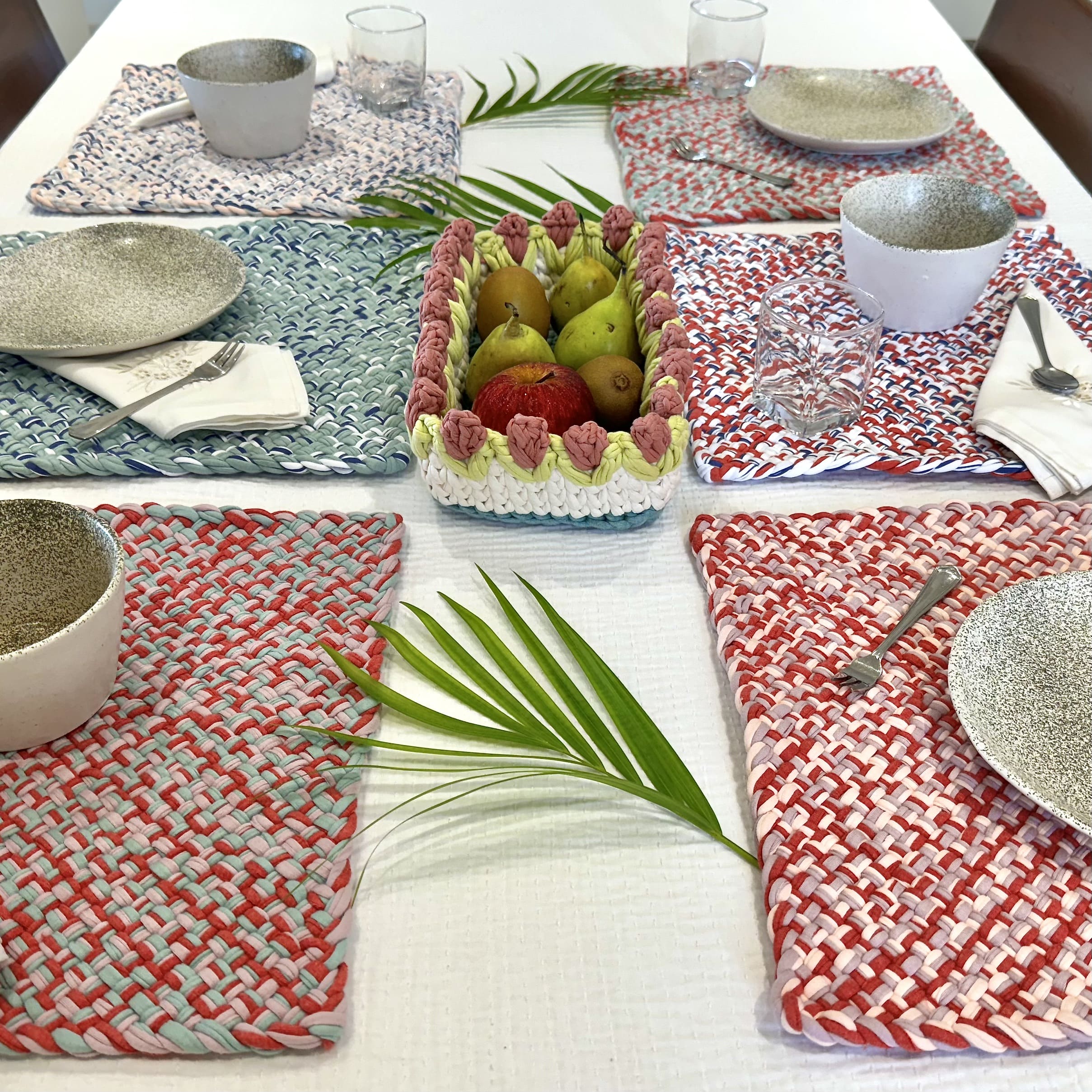Image of Set of 6 Hand-Woven Square Placemats / Dining Mats Coral, Sage, Blue, Powder pink, White