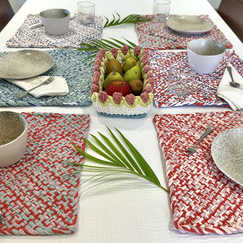Set of 6 Hand-Woven Square Placemats / Dining Mats Coral, Sage, Blue, Powder pink, White