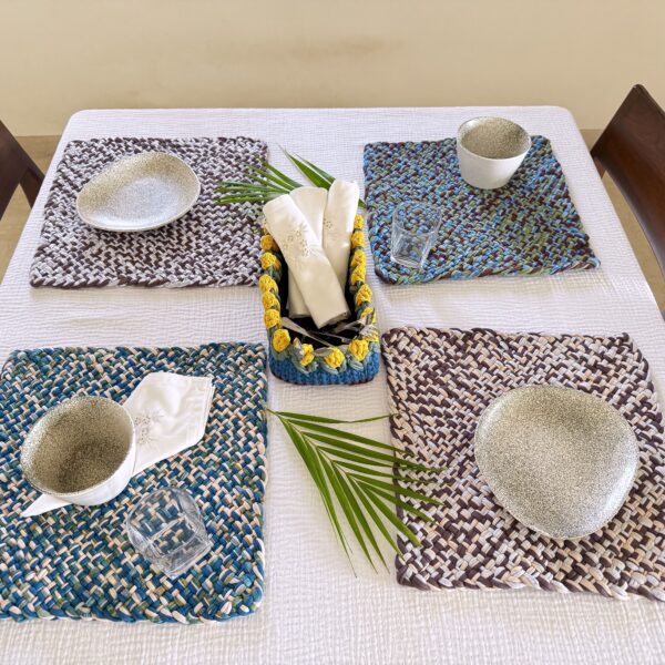 Image of Set of 4 Hand-Woven Square Placemats / Dining Mats Aubergine, Blue, Moss green, Grey, Lemon, Light purple