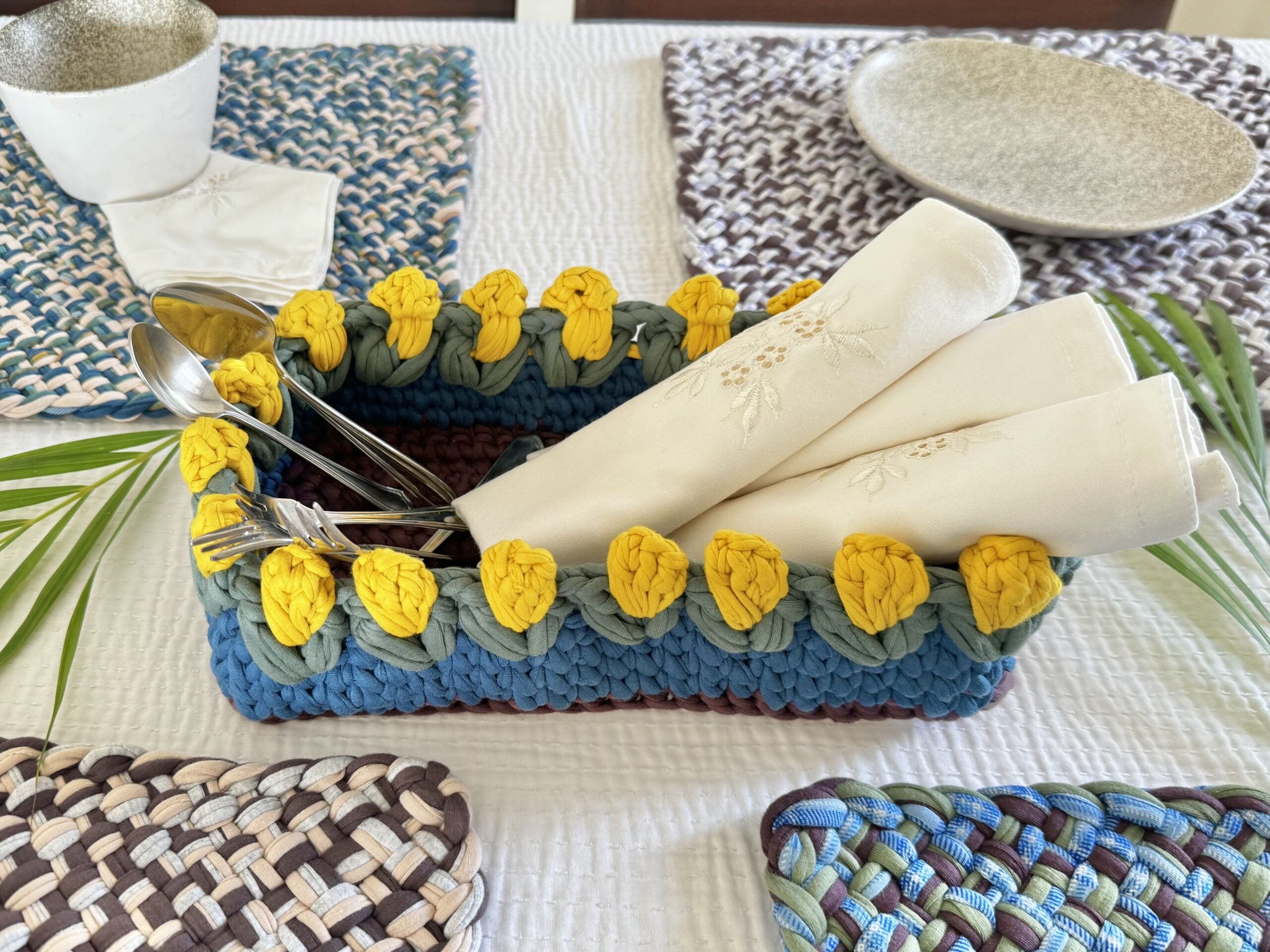 Image of Rectangular Flower Basket | Blue, Yellow, Wine