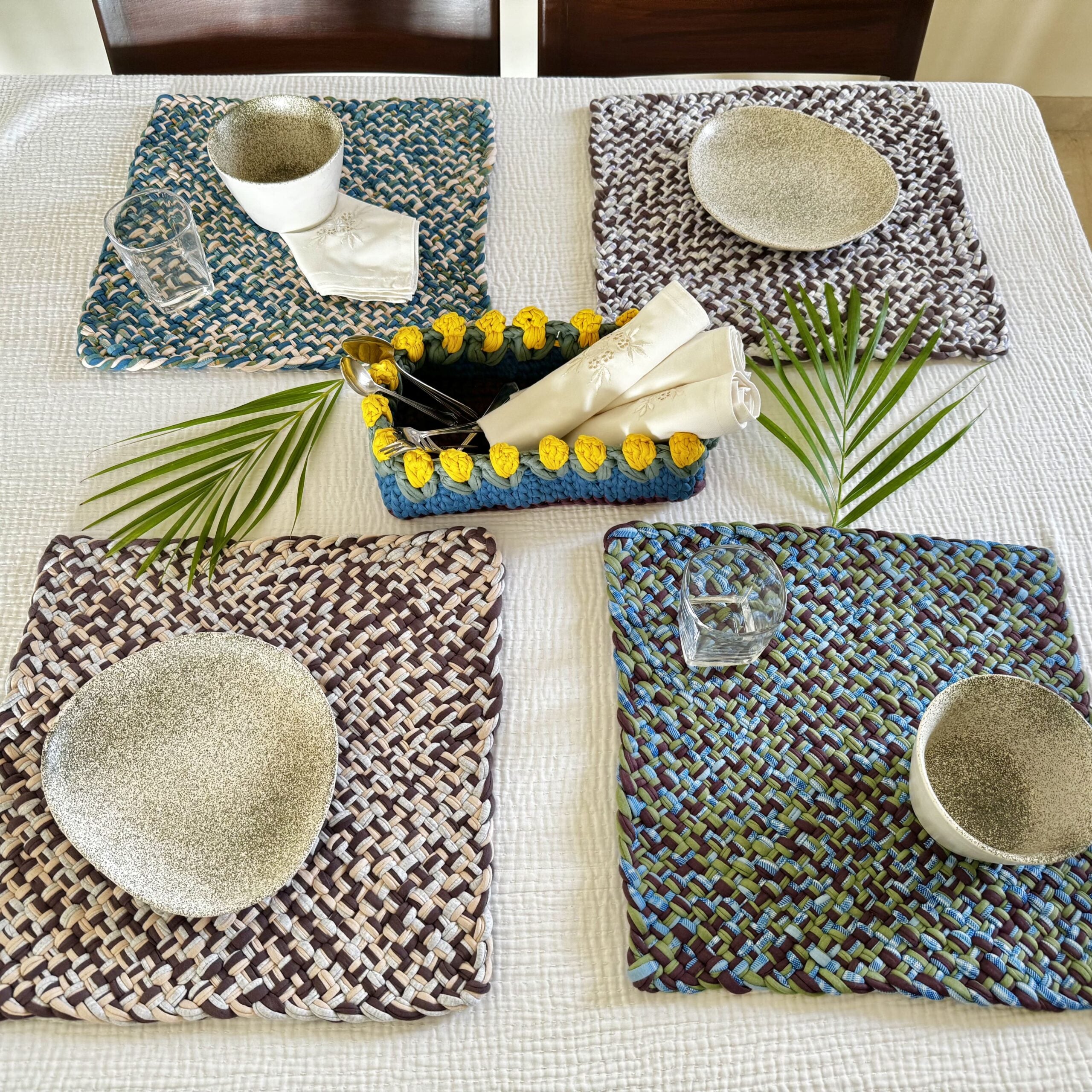 Image of Set of 4 Hand-Woven Square Placemats / Dining Mats Aubergine, Blue, Moss green, Grey, Lemon, Light purple