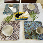 Set of 4 Hand-Woven Square Placemats / Dining Mats Aubergine, Blue, Moss green, Grey, Lemon, Light purple