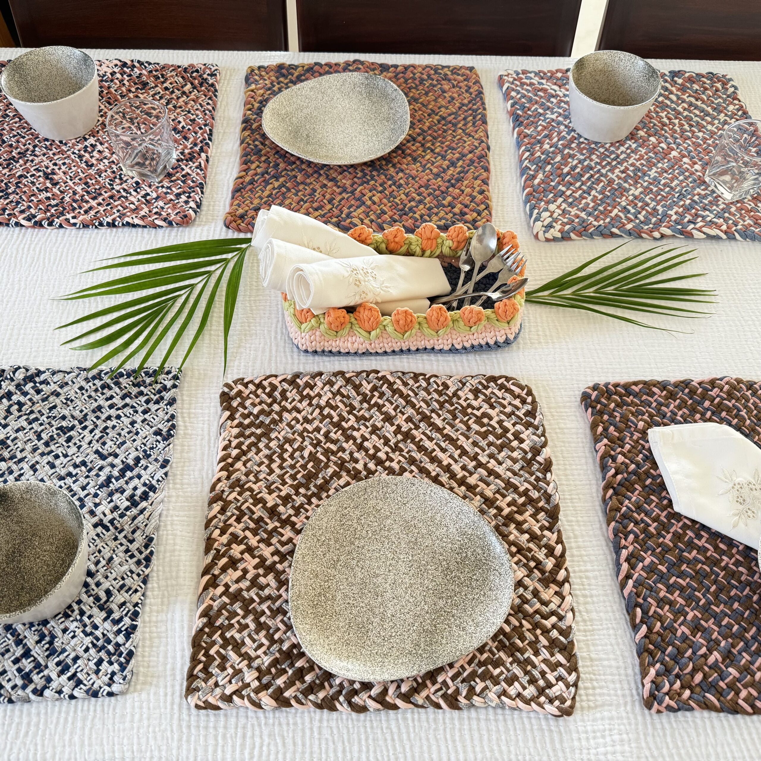 Image of Set of 6 Hand-Woven Square Placemats / Dining Mats Pink, Denim blue, Brown, Beige, Navy, Off white