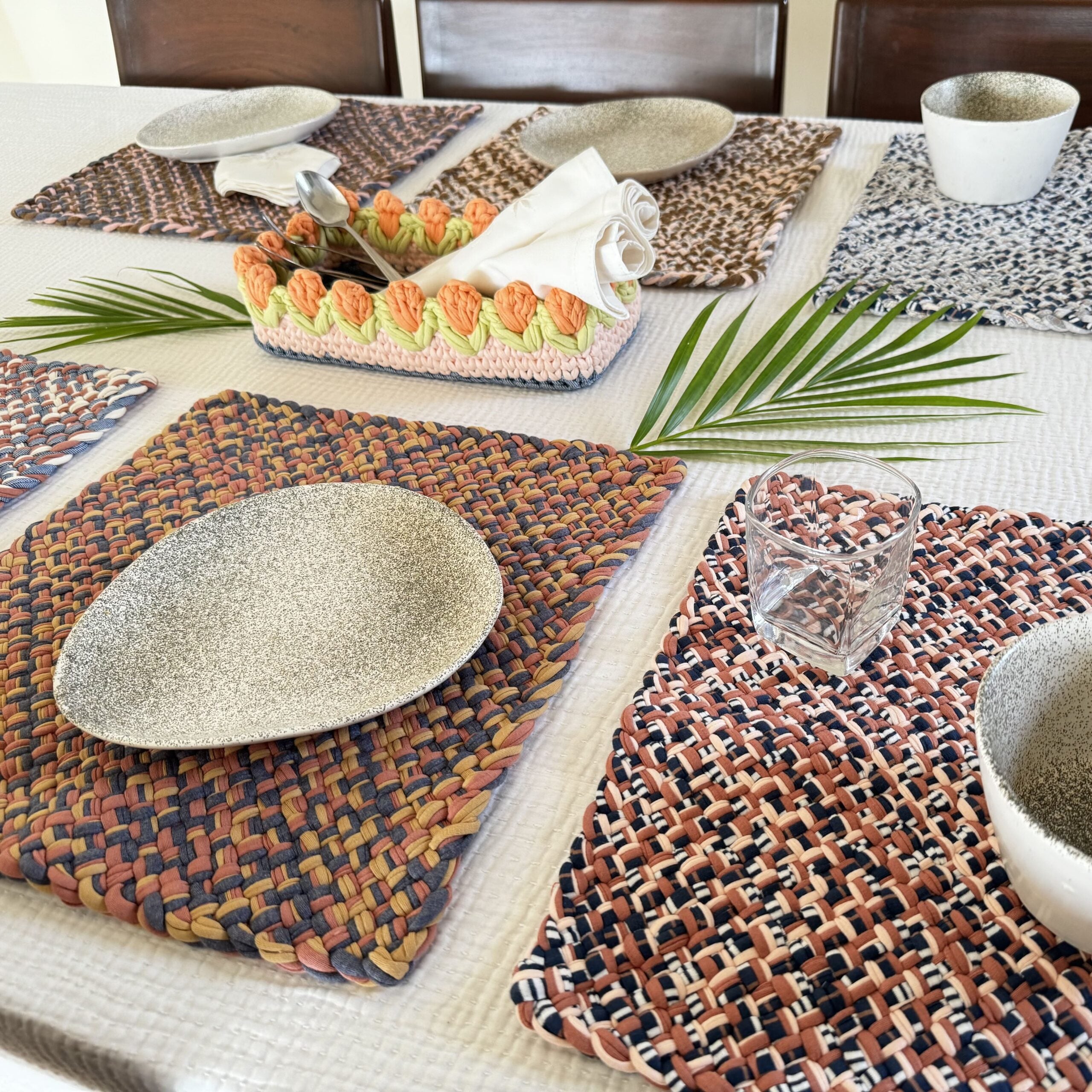 Image of Set of 6 Hand-Woven Square Placemats / Dining Mats Pink, Denim blue, Brown, Beige, Navy, Off white