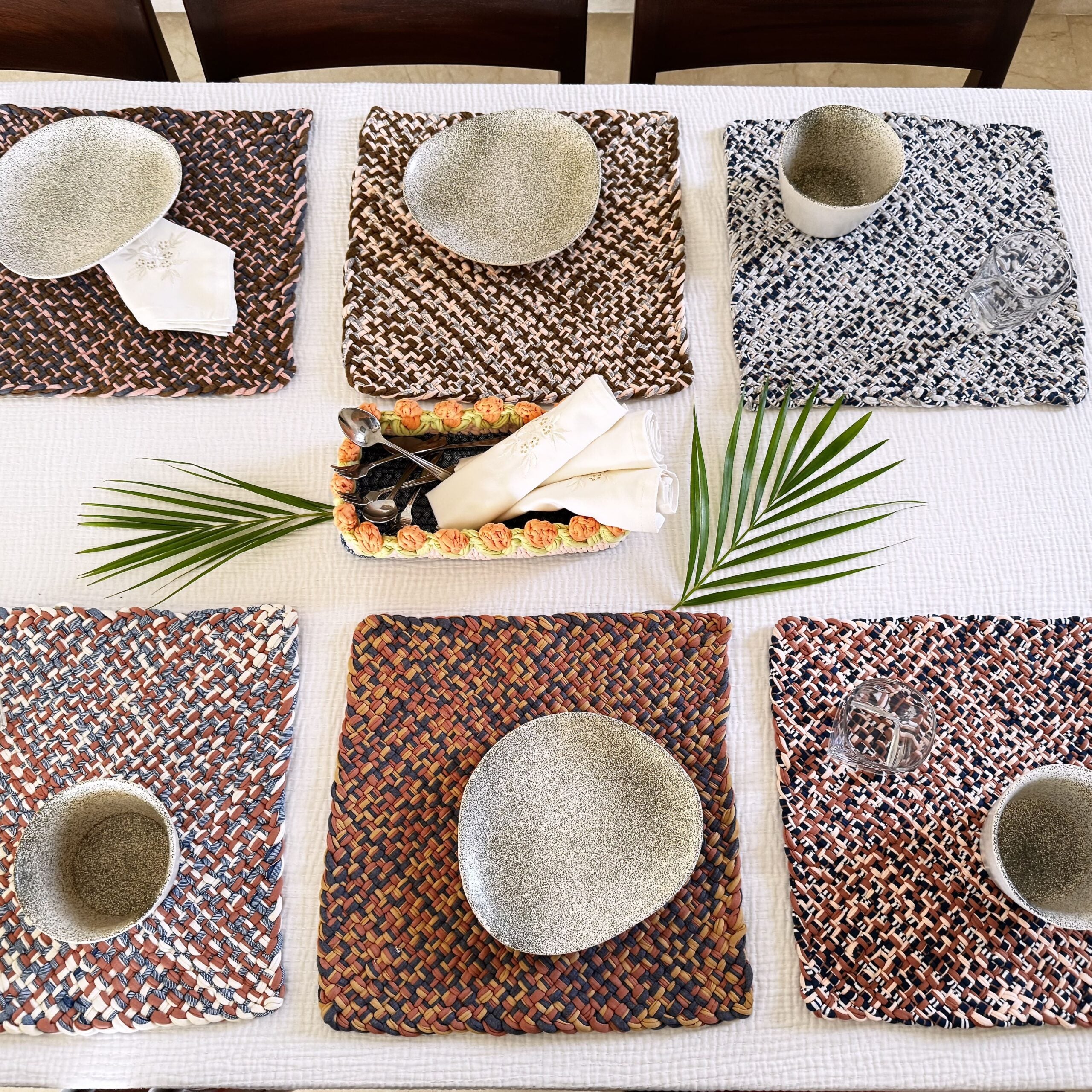 Image of Set of 6 Hand-Woven Square Placemats / Dining Mats Pink, Denim blue, Brown, Beige, Navy, Off white