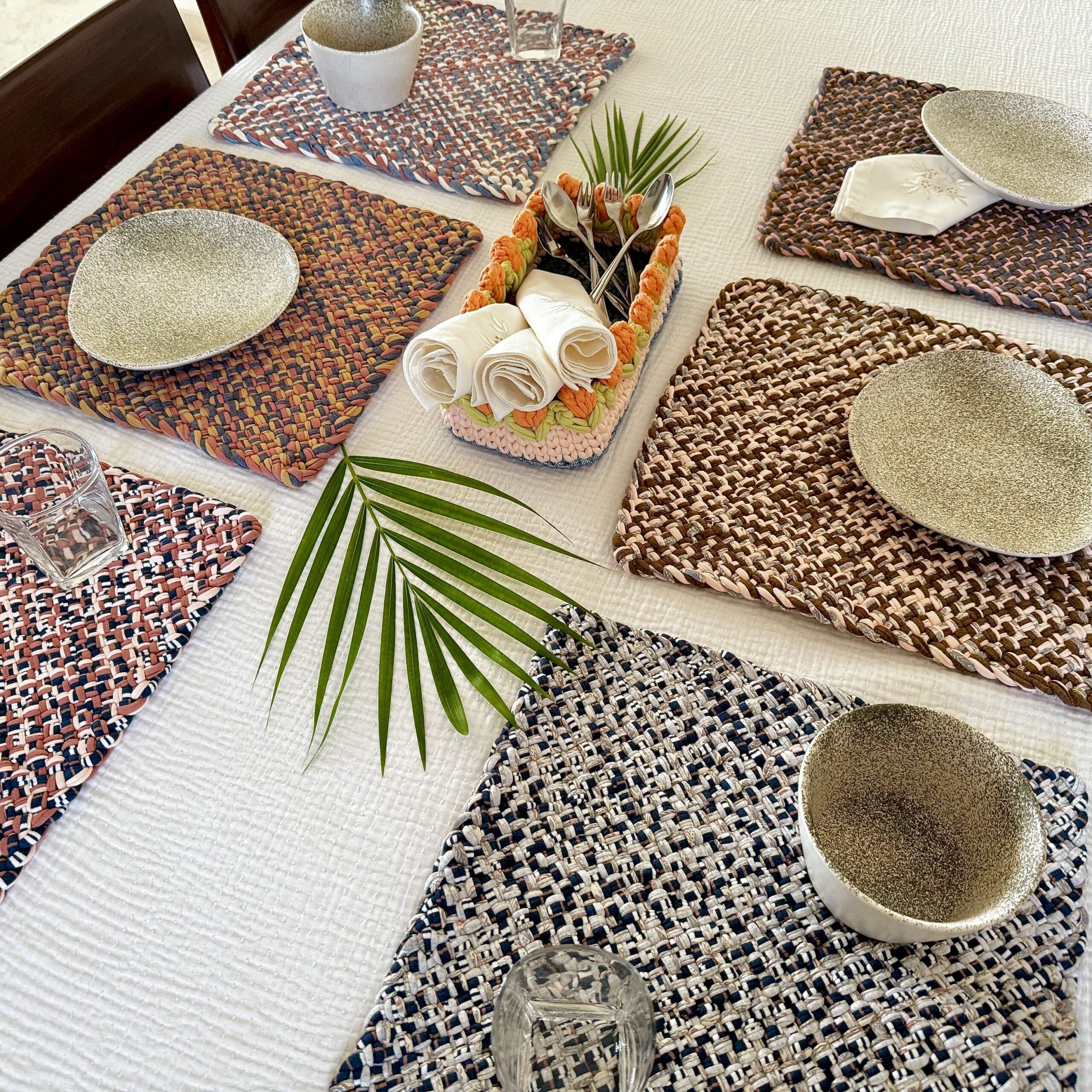 Image of Set of 6 Hand-Woven Square Placemats / Dining Mats Pink, Denim blue, Brown, Beige, Navy, Off white