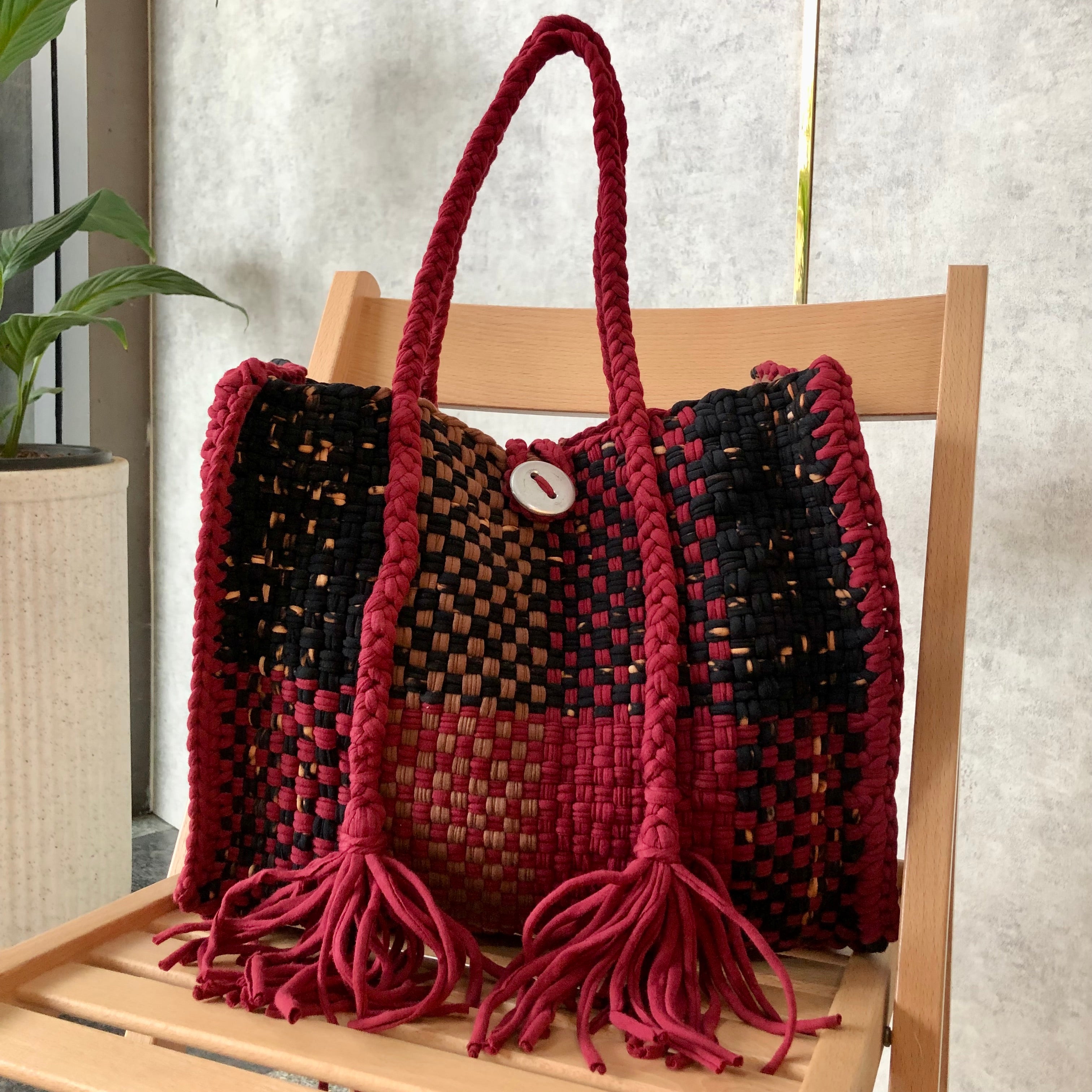 Image of Oversized Tote / Hand / Shoulder Carry Maroon Black Brown