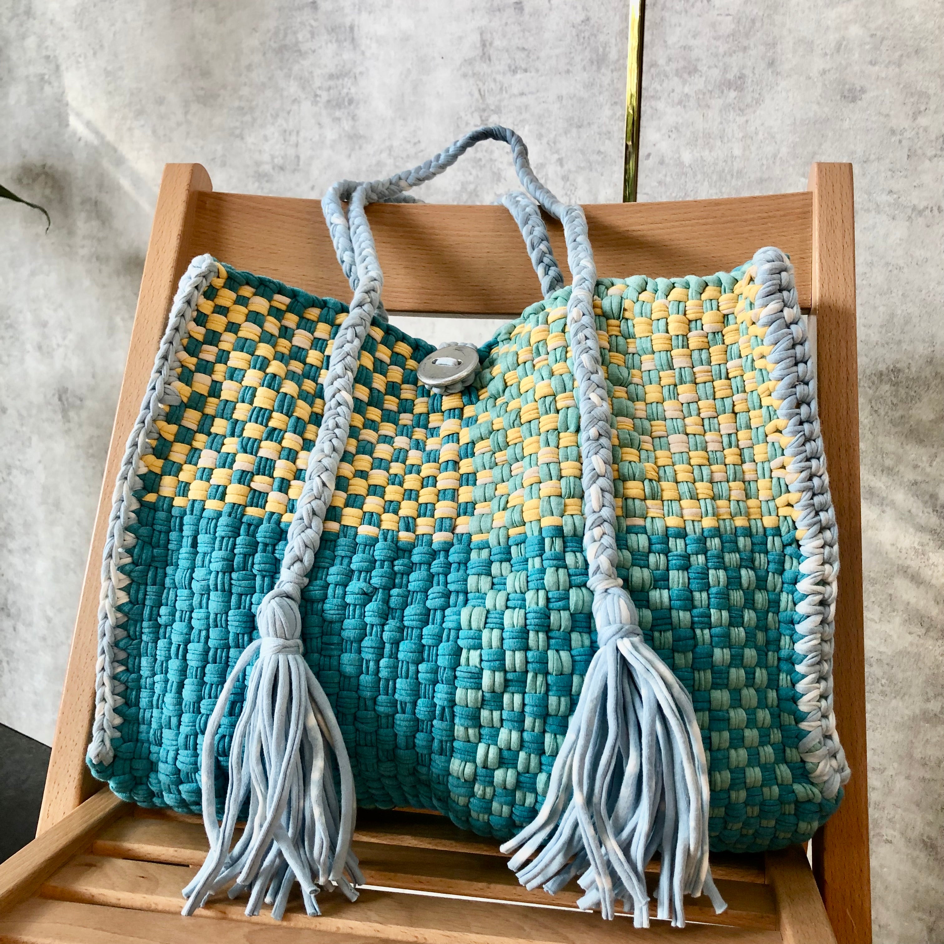 Image of Oversized Tote / Hand / Shoulder Carry Aqua lemon yellow sky blue