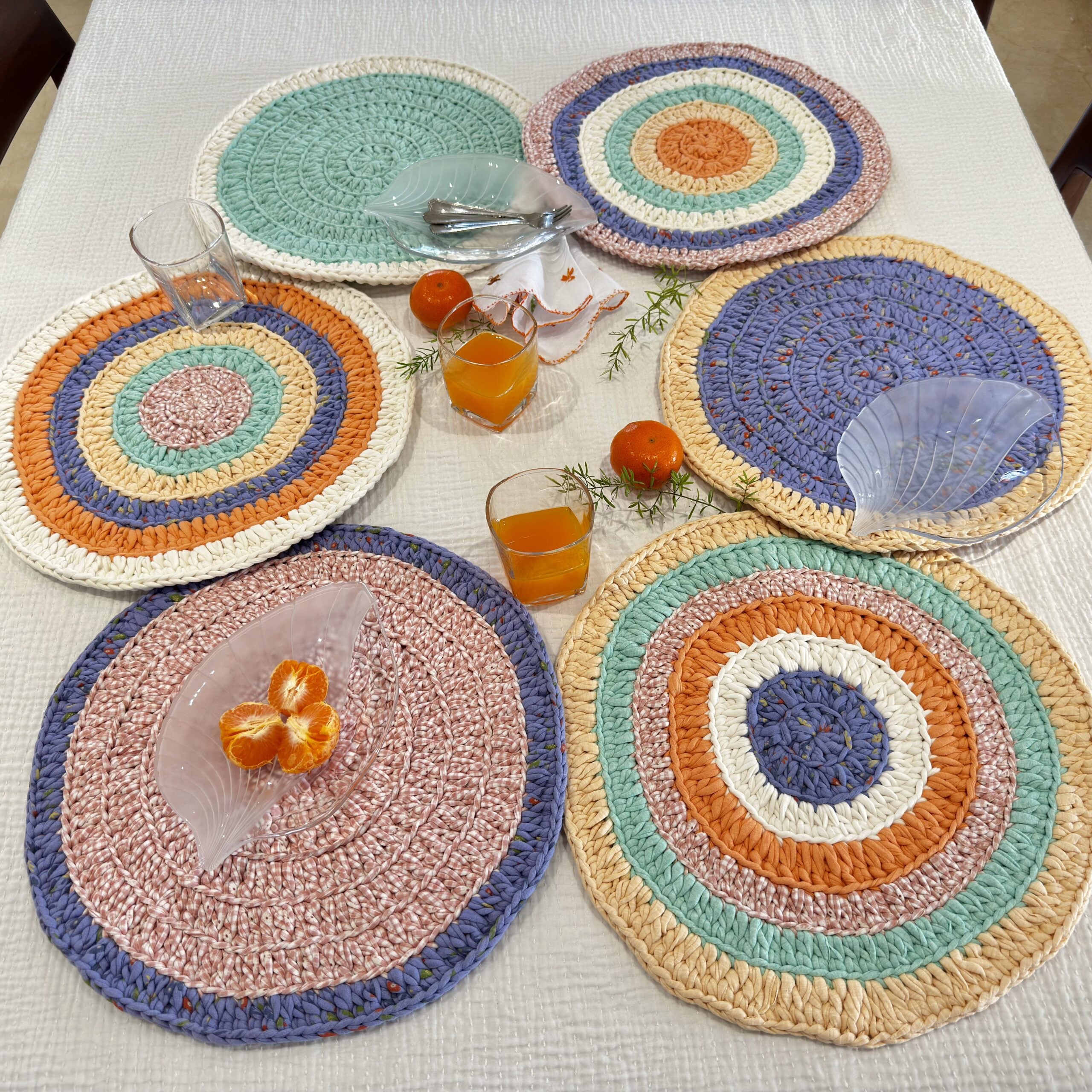 Image of Set of 6 Round Crochet Placemats / Dining Mats Green, Sea green, Purple, Peach, Off white