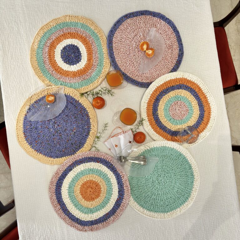 Image of Set of 6 Round Crochet Placemats / Dining Mats Green, Sea green, Purple, Peach, Off white