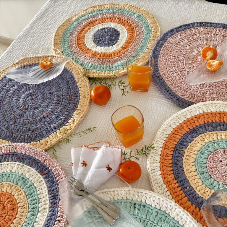 Image of Set of 6 Round Crochet Placemats / Dining Mats Green, Sea green, Purple, Peach, Off white