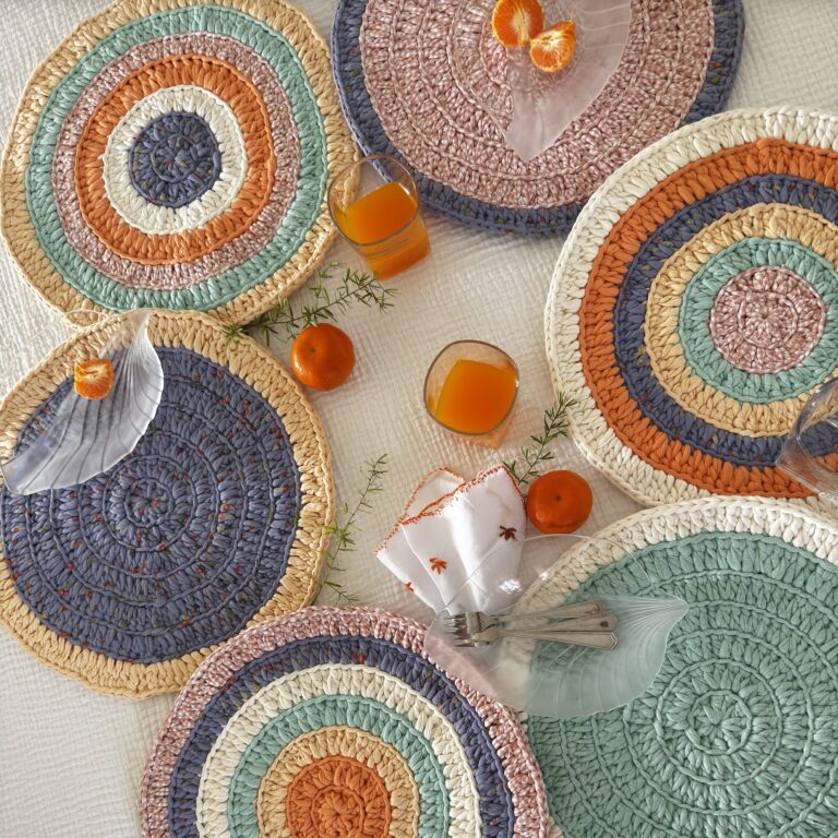 Image of Set of 6 Round Crochet Placemats / Dining Mats Green, Sea green, Purple, Peach, Off white