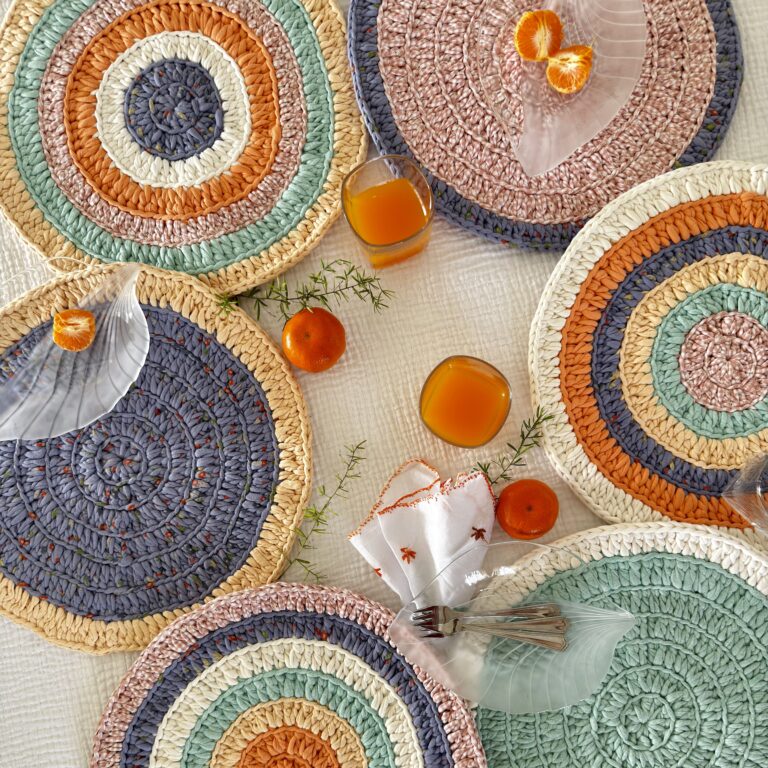 Image of Set of 6 Round Crochet Placemats / Dining Mats Green, Sea green, Purple, Peach, Off white