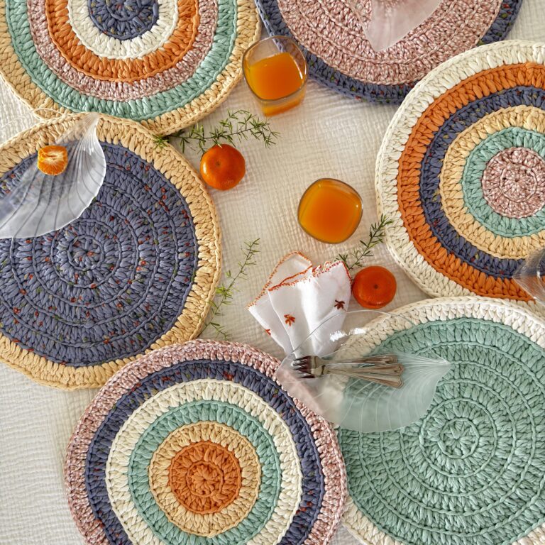 Image of Set of 6 Round Crochet Placemats / Dining Mats Green, Sea green, Purple, Peach, Off white