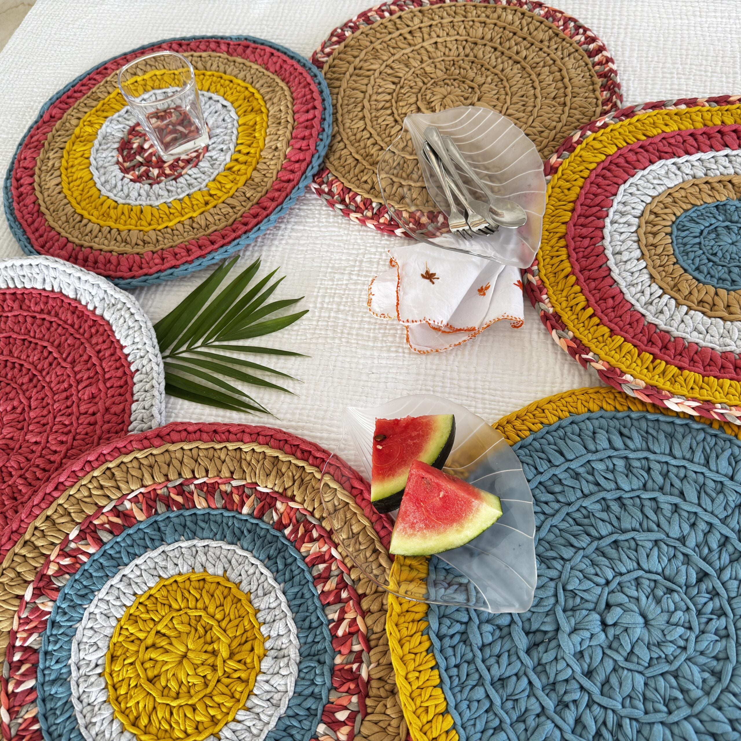Image of Set of 6 Round Crochet Placemats / Dining Mats Coral, Blue, Light pink, Yellow, Beige, Light grey