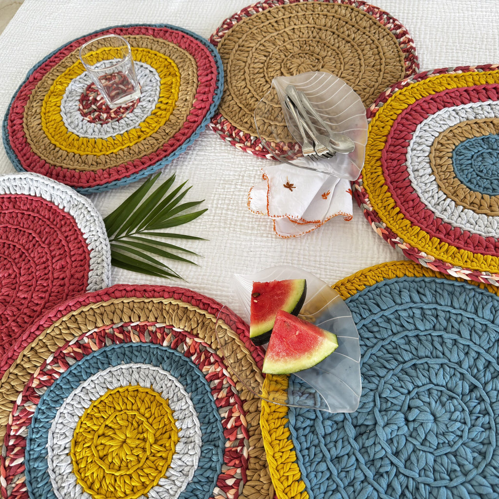 Set of 6 Round Crochet Placemats / Dining Mats Coral, Blue, Light pink, Yellow, Beige, Light grey