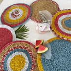 Set of 6 Round Crochet Placemats / Dining Mats Coral, Blue, Light pink, Yellow, Beige, Light grey