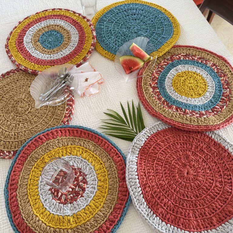 Image of Set of 6 Round Crochet Placemats / Dining Mats Coral, Blue, Light pink, Yellow, Beige, Light grey