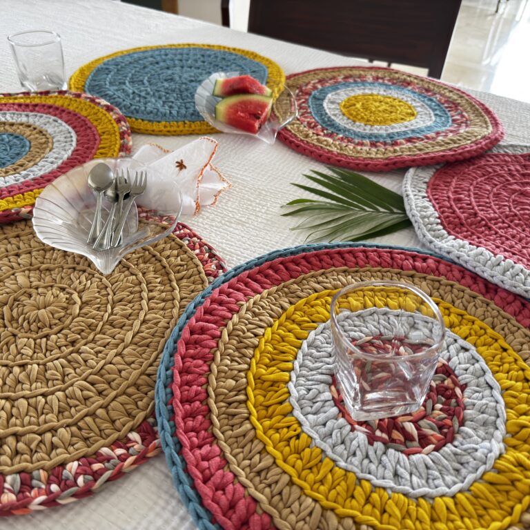 Image of Set of 6 Round Crochet Placemats / Dining Mats Coral, Blue, Light pink, Yellow, Beige, Light grey