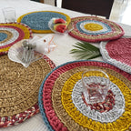 Set of 6 Round Crochet Placemats / Dining Mats Coral, Blue, Light pink, Yellow, Beige, Light grey