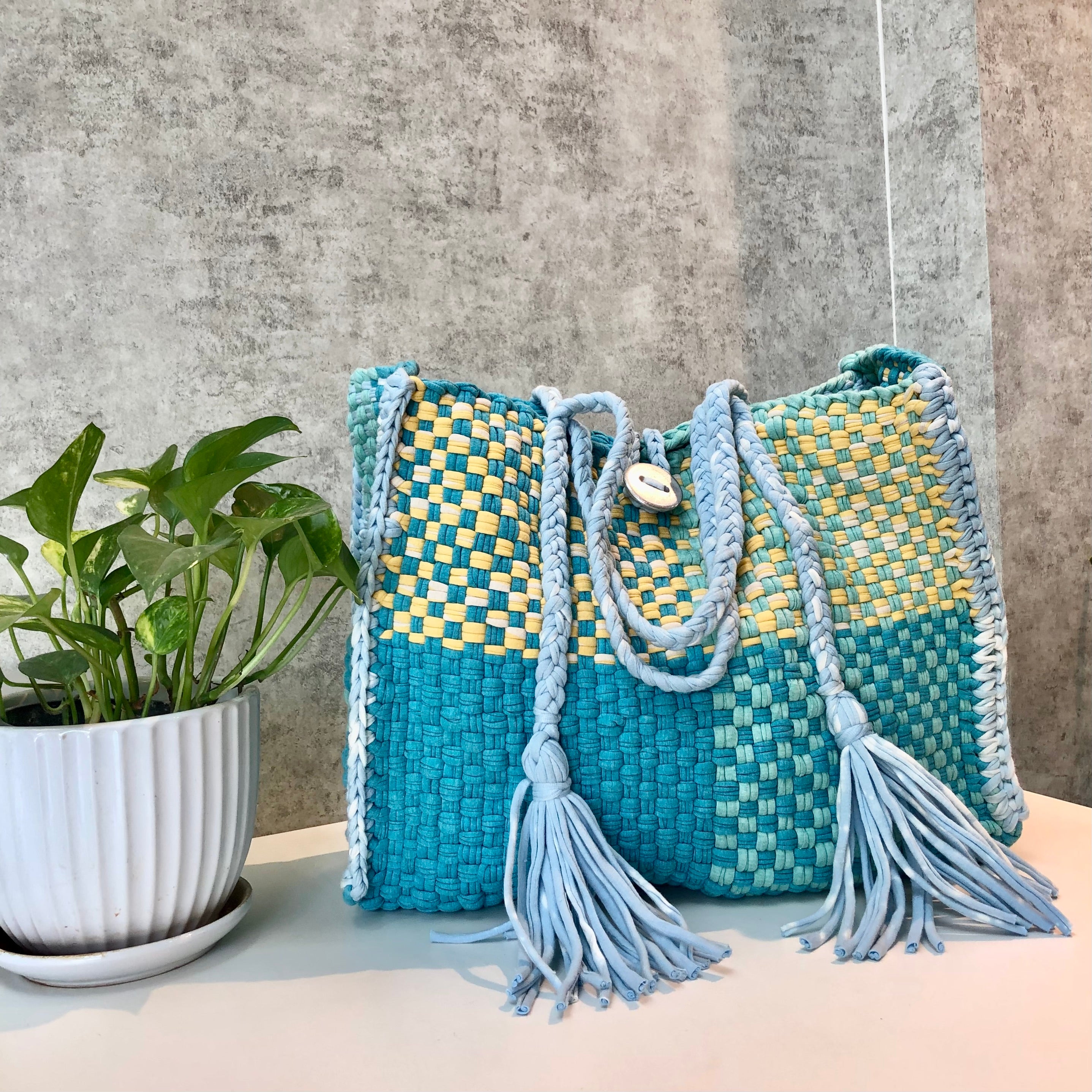 Image of Oversized Tote / Hand / Shoulder Carry Aqua lemon yellow sky blue
