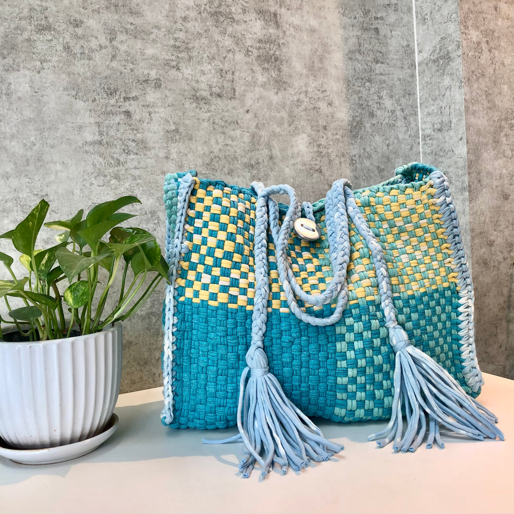Oversized Tote / Hand / Shoulder Carry Aqua lemon yellow sky blue