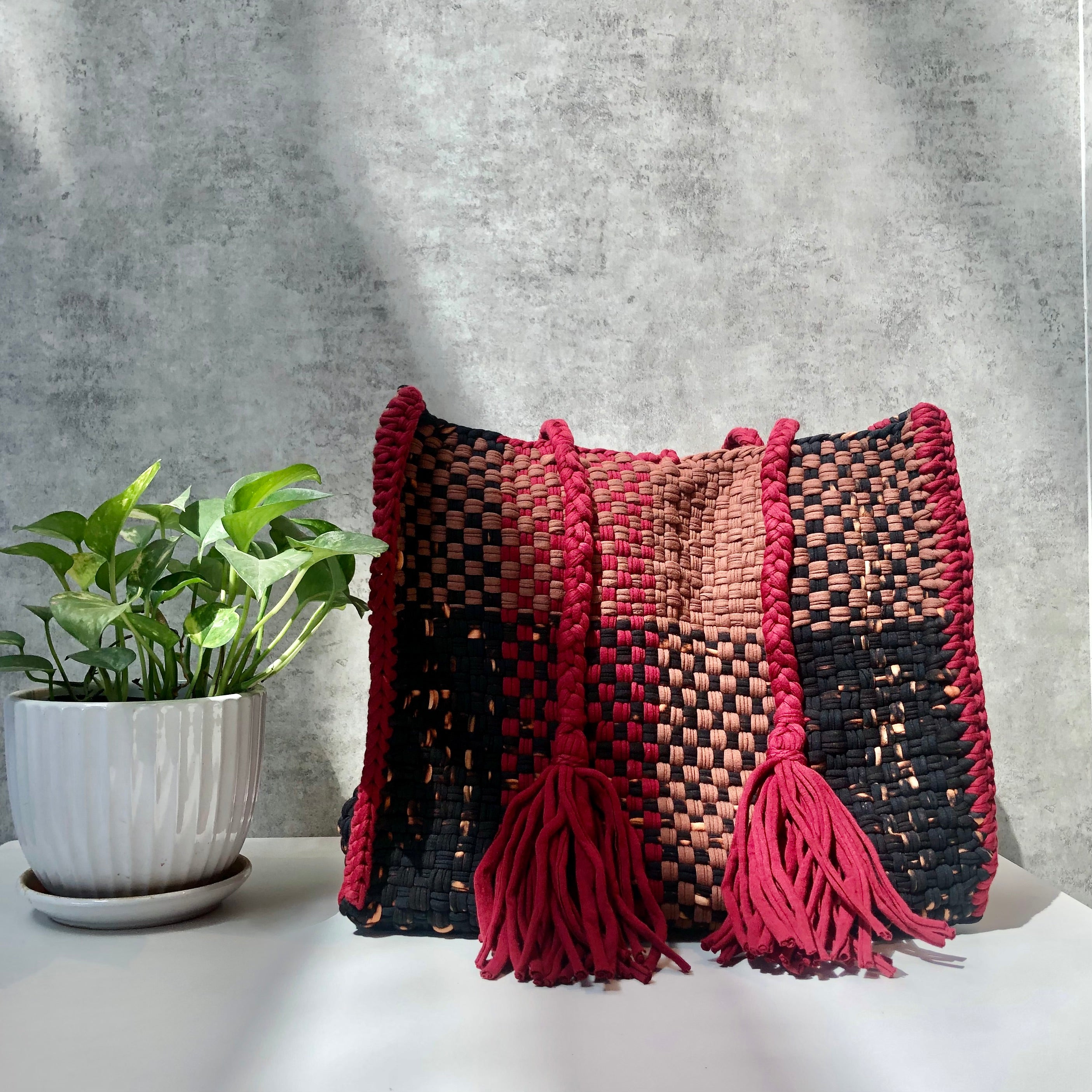 Image of Oversized Tote / Hand / Shoulder Carry Maroon Black Brown