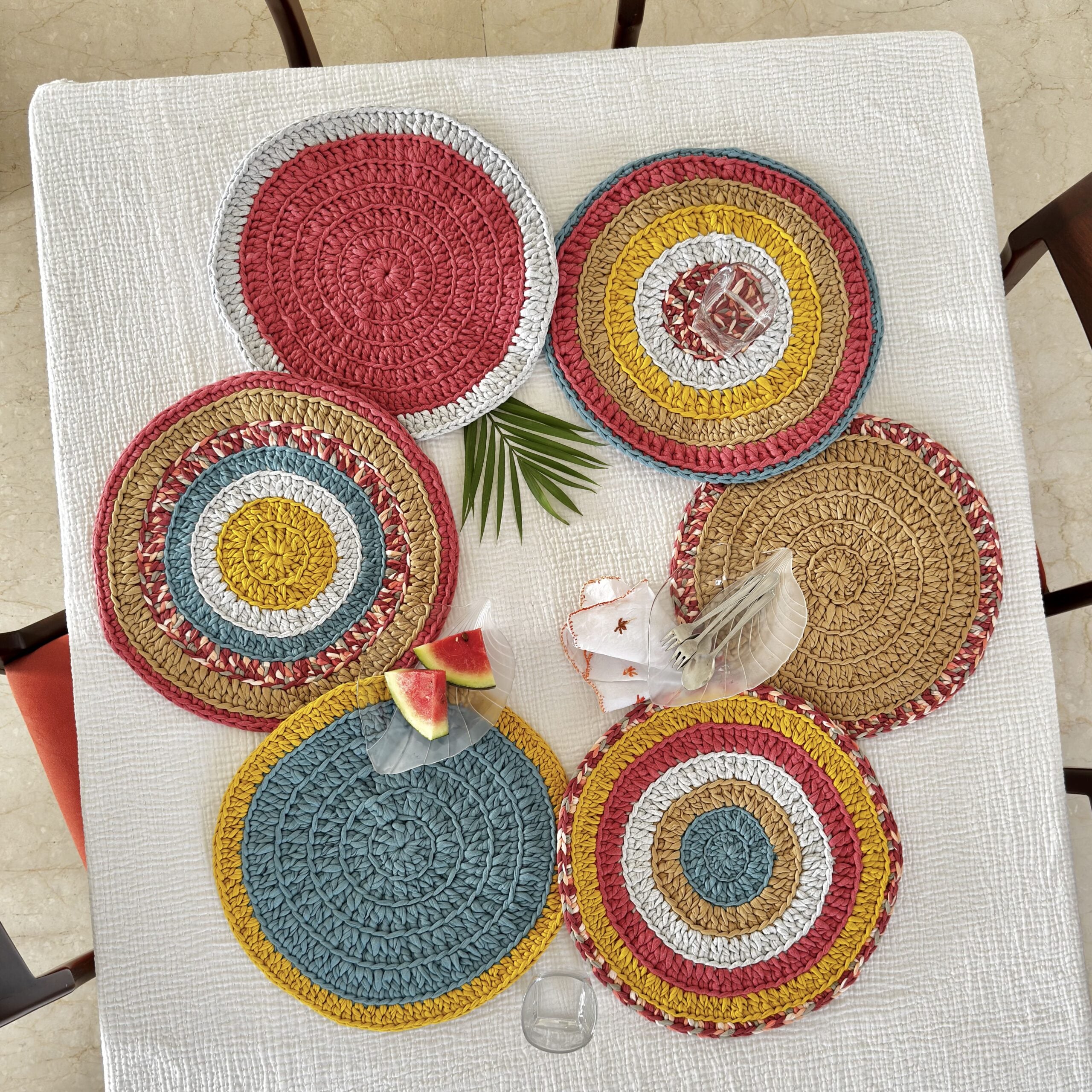 Image of Set of 6 Round Crochet Placemats / Dining Mats Coral, Blue, Light pink, Yellow, Beige, Light grey