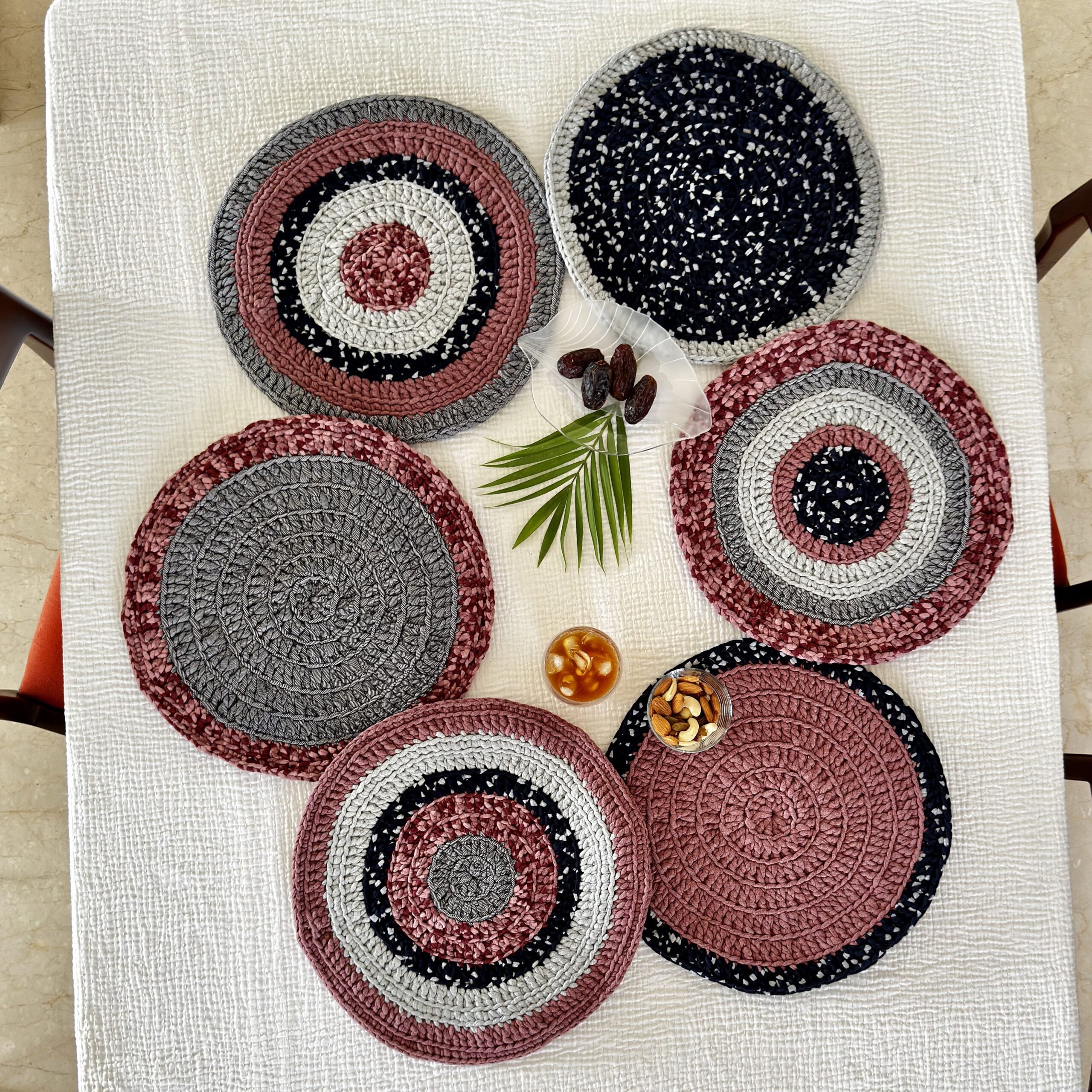 Image of Set of 6 Round Crochet Placemats / Dining Mats Old rose, Grey, Burgundy, Silver grey, Navy