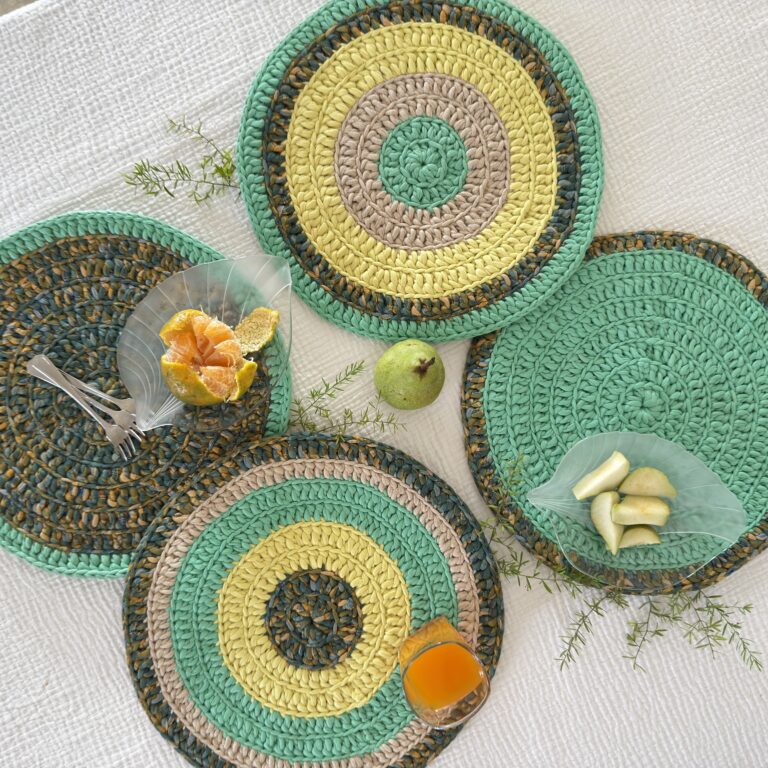 Image of Set of 4 Round Crochet Placemats / Dining Mats Sea green, Beige, Lemon