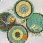 Set of 4 Round Crochet Placemats / Dining Mats Sea green, Beige, Lemon