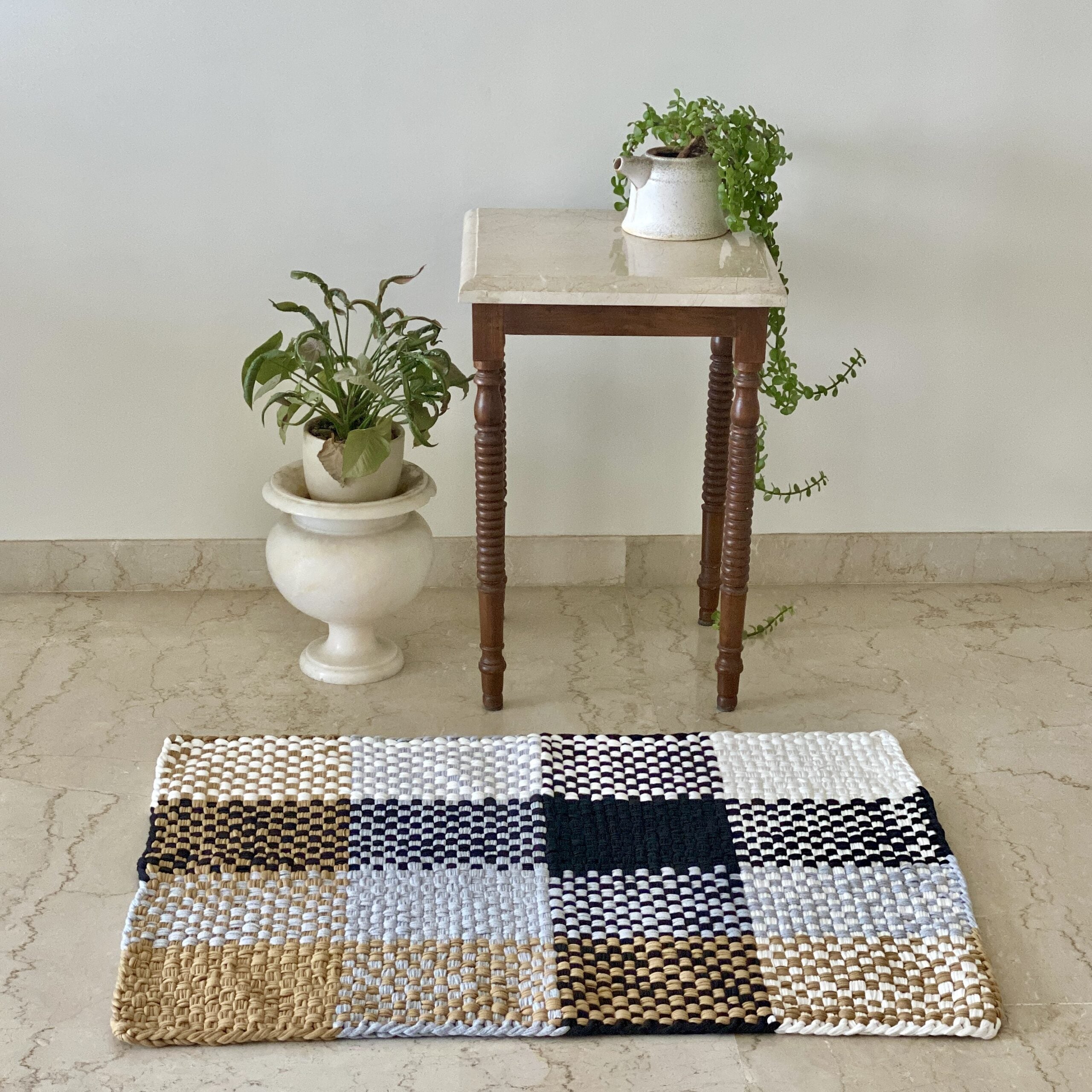 Image of Braided Edged Floor Rug / Throw | Beige, White, Grey, Black