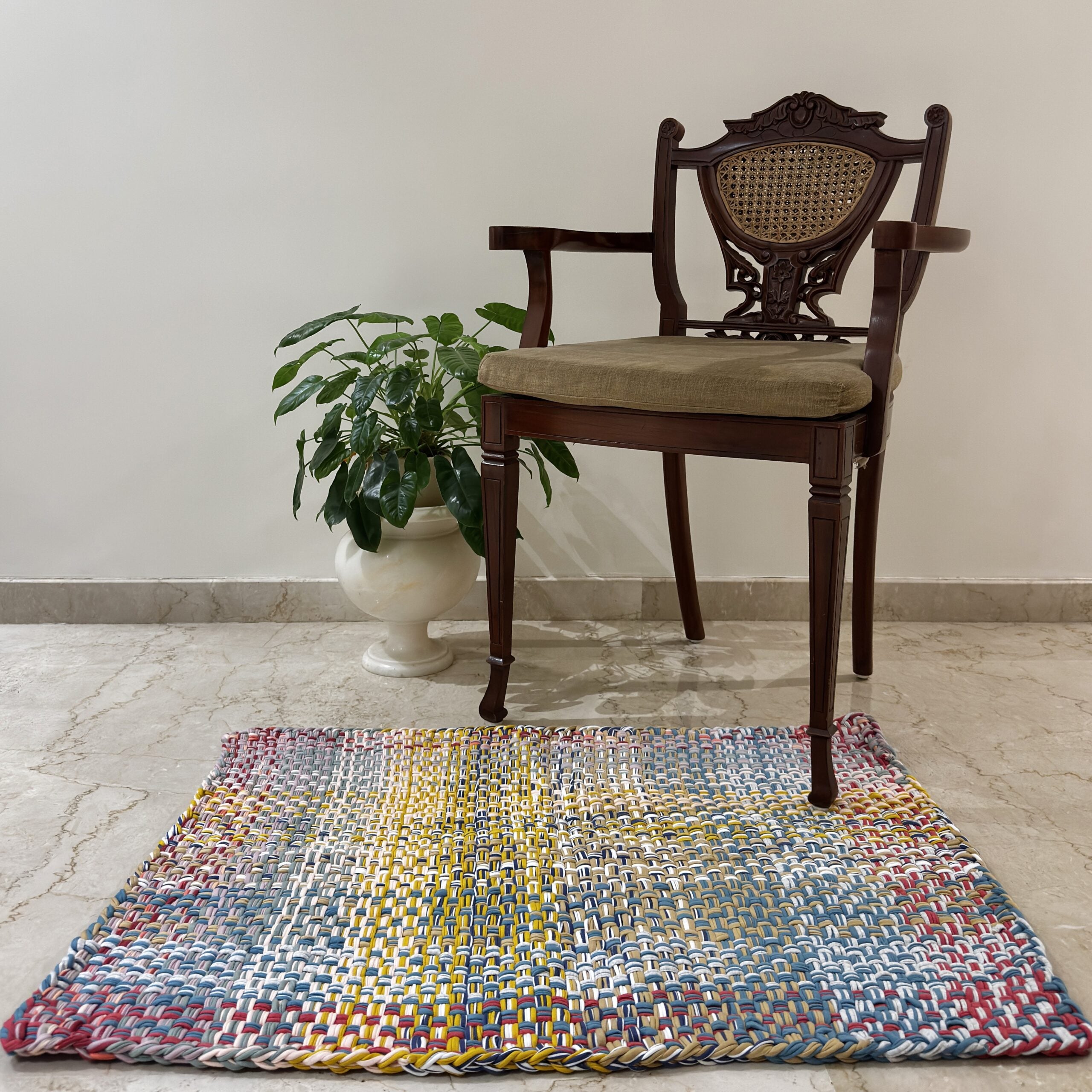 Image of Braided Edged Floor Rug / Throw | Coral, Blue, Light Pink, Yellow, Beige, Light Grey