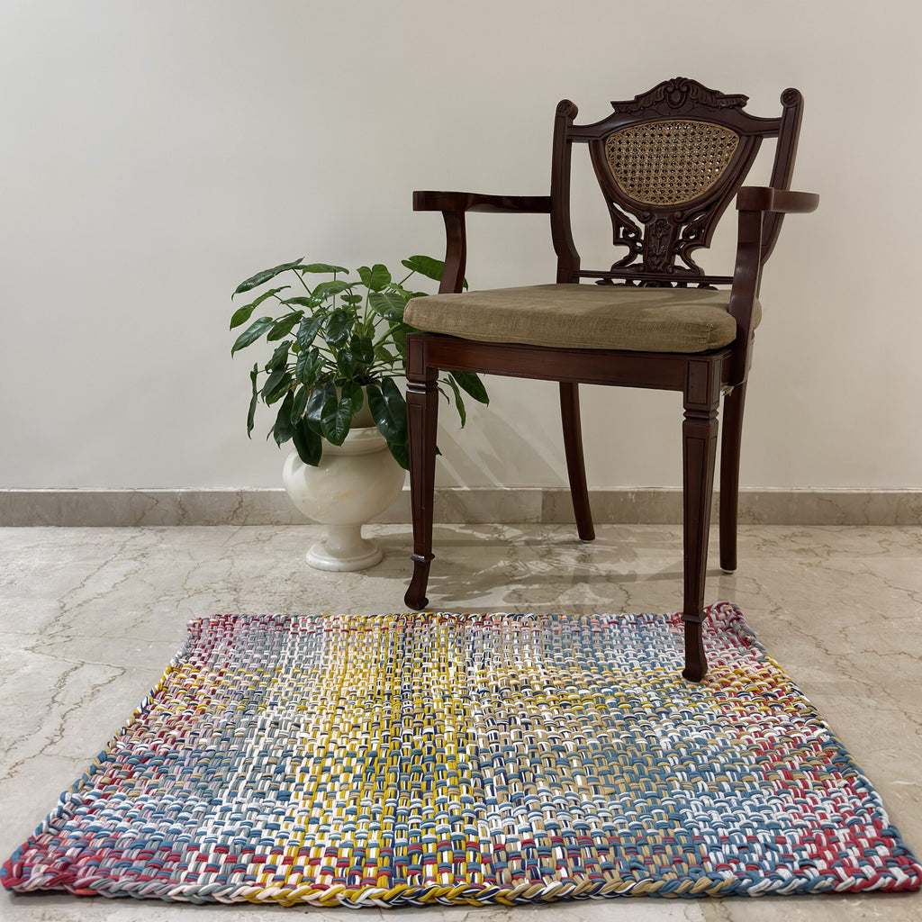 Braided Edged Floor Rug / Throw | Coral, Blue, Light Pink, Yellow, Beige, Light Grey