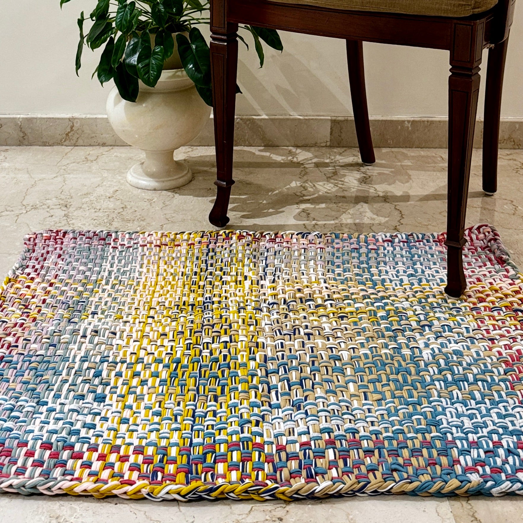 Image of Braided Edged Floor Rug / Throw | Coral, Blue, Light Pink, Yellow, Beige, Light Grey